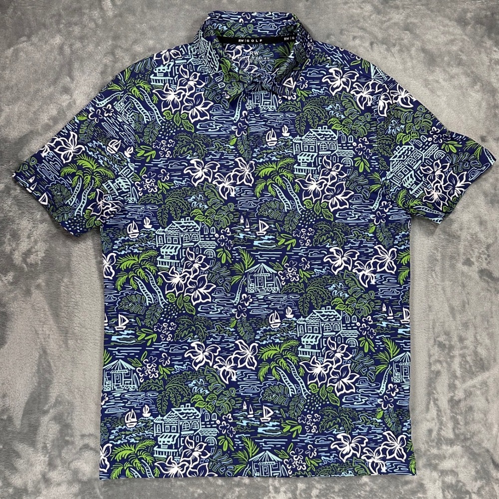 RW Rorie Whelan Golf Polo Shirt Mens Medium Blue Green Tropical Island Print M